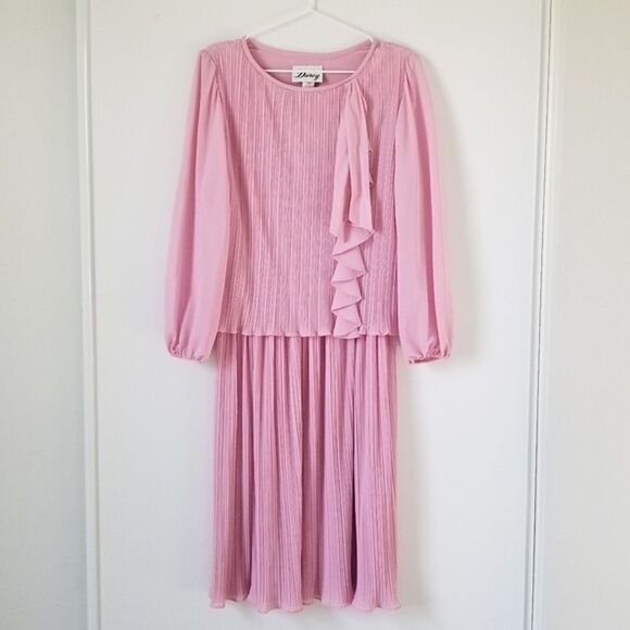 Vintage Darcy Pink Pleated Ruffle Dress - see measurements - Picture 3 of 11